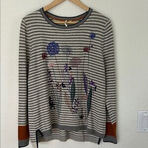 White Stuff Striped Floral Embroidered Sweater - Gray and cream large